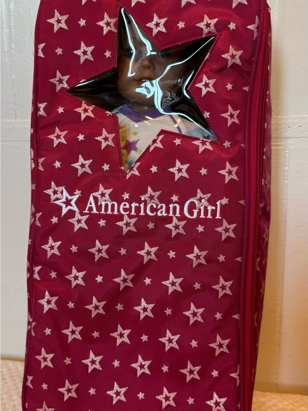 Authentic American Girl Doll Carrier Backpack Burgundy Silver Star Travel Case
